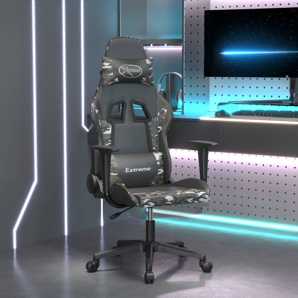 Vetonek Silla gaming masaje reposapiés cuero sintético negro camuflaje