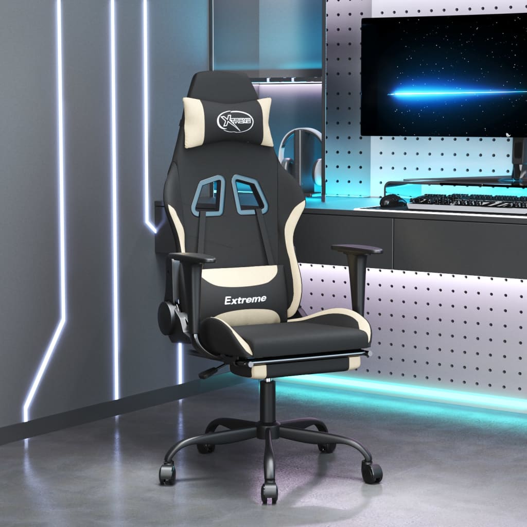 Vetonek Silla gaming de masaje con reposapiés tela negro y crema