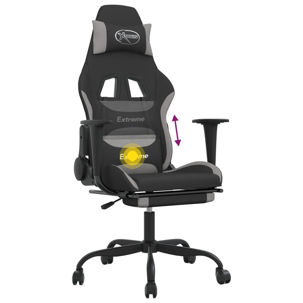 Silla gaming de masaje con reposapiés tela negro y gris claro vidaXL