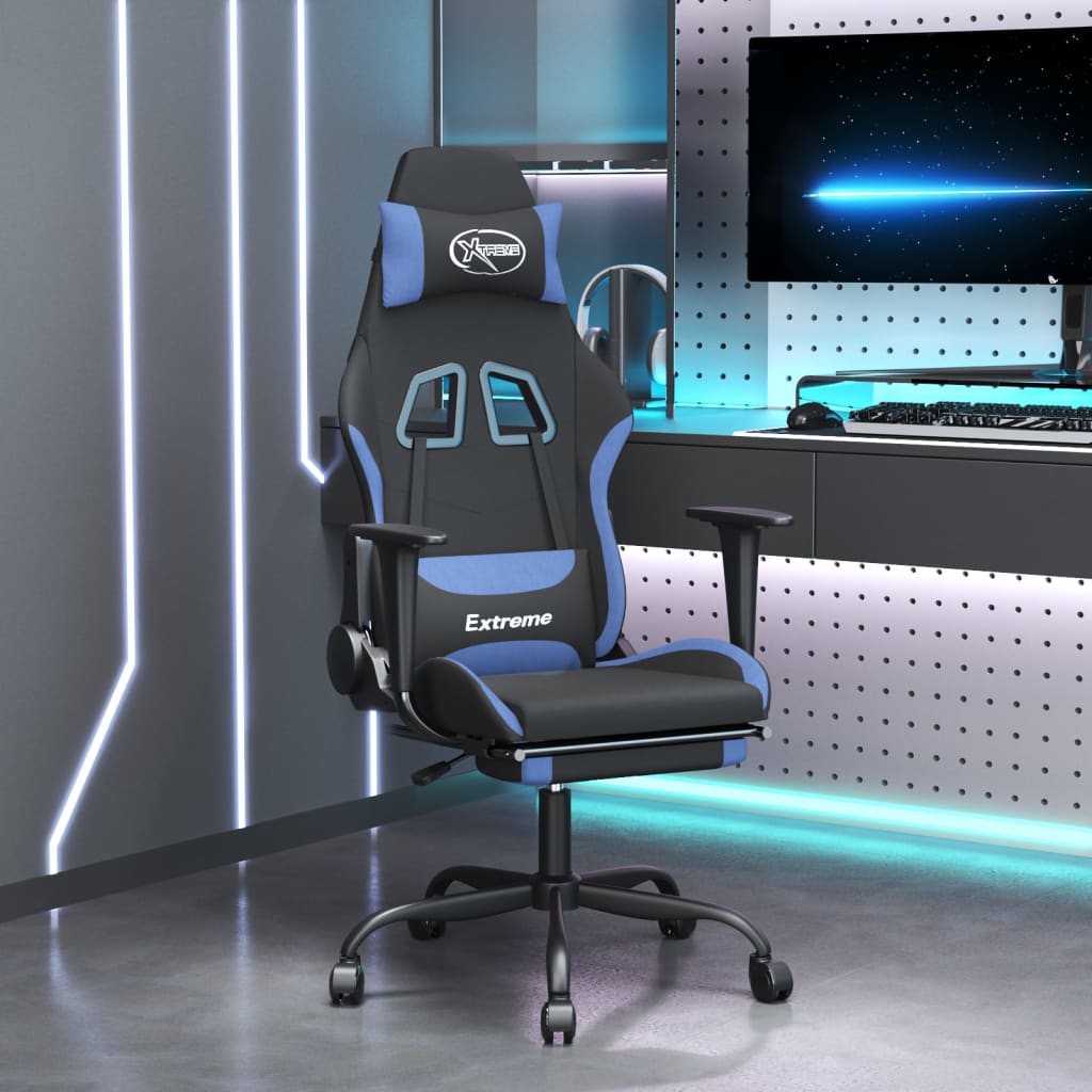 Vetonek Silla gaming de masaje con reposapiés tela negro y azul