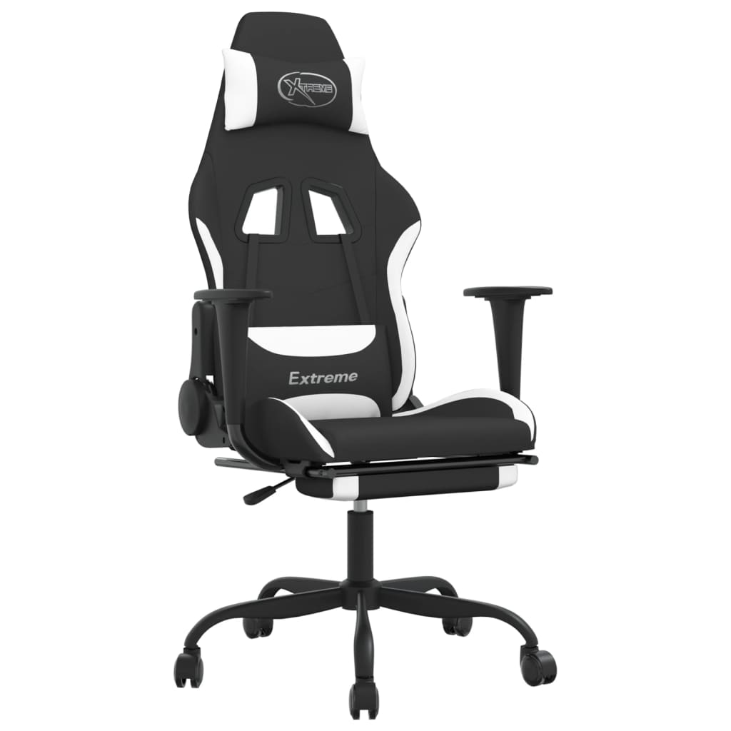 Silla gaming de masaje con reposapiés tela negro y blanco vidaXL