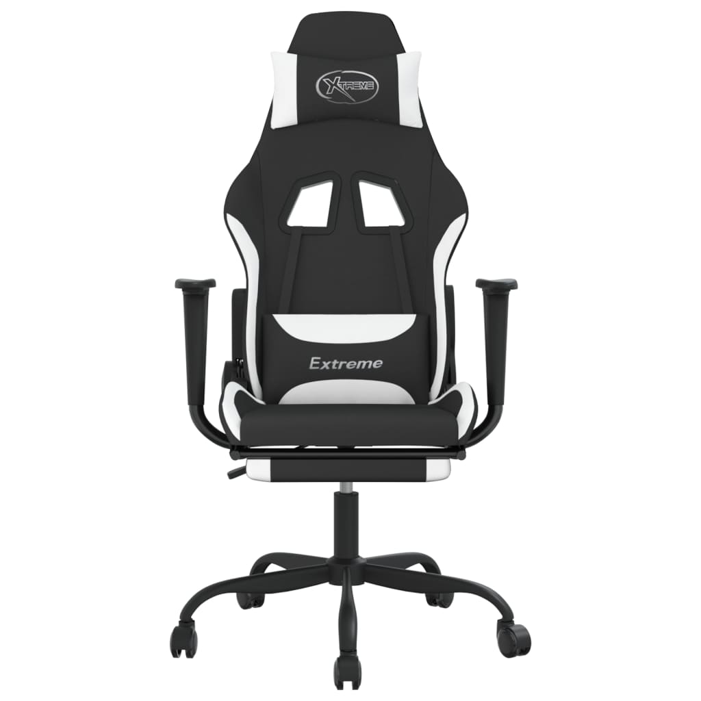 Silla gaming de masaje con reposapiés tela negro y blanco vidaXL