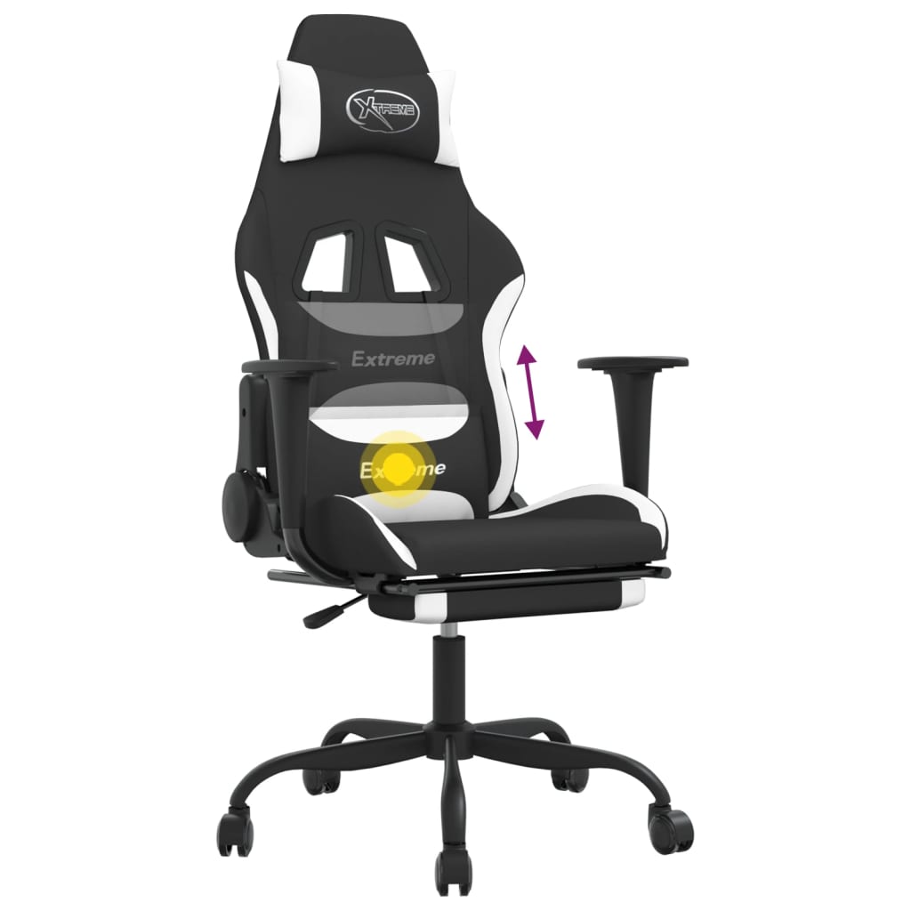 Silla gaming de masaje con reposapiés tela negro y blanco vidaXL