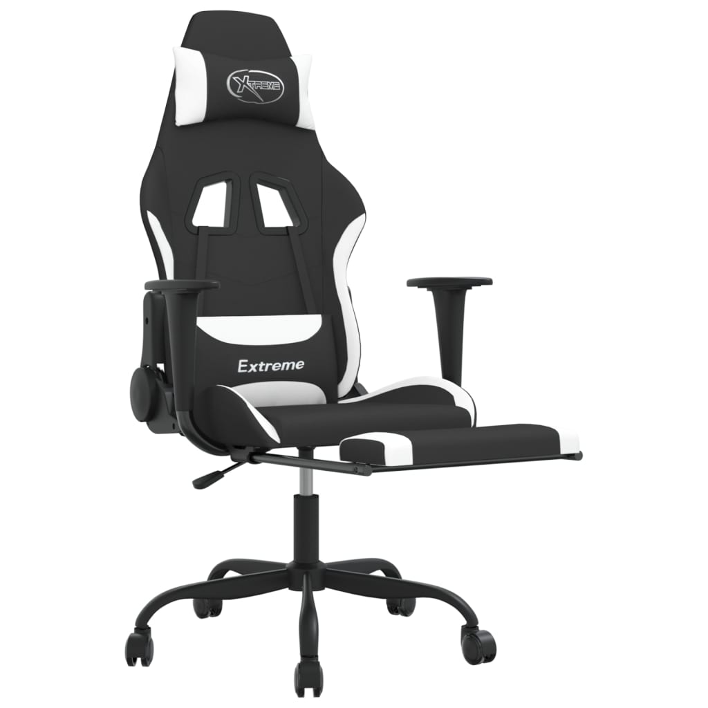 Silla gaming de masaje con reposapiés tela negro y blanco vidaXL