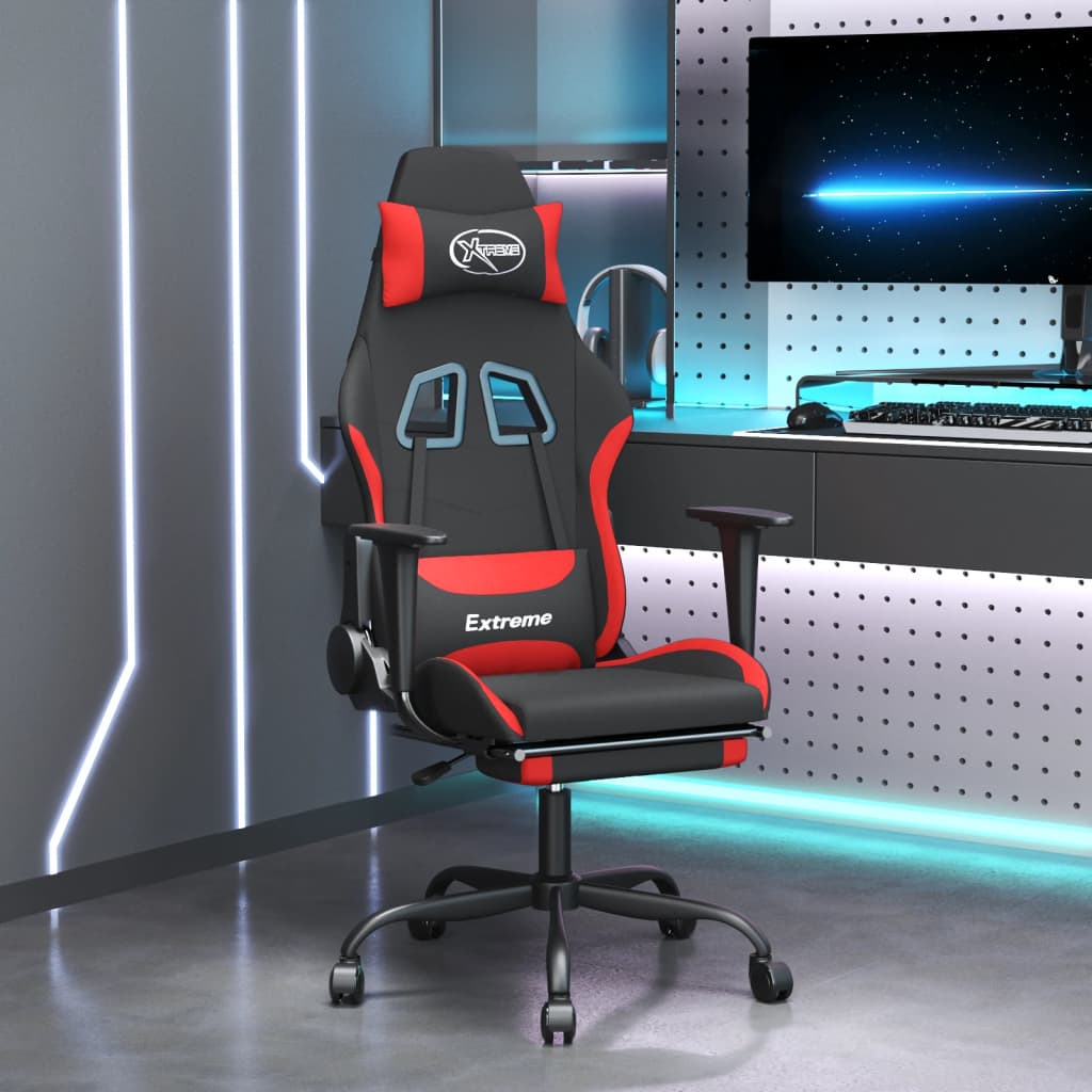 Vetonek Silla gaming de masaje con reposapiés tela negro y rojo