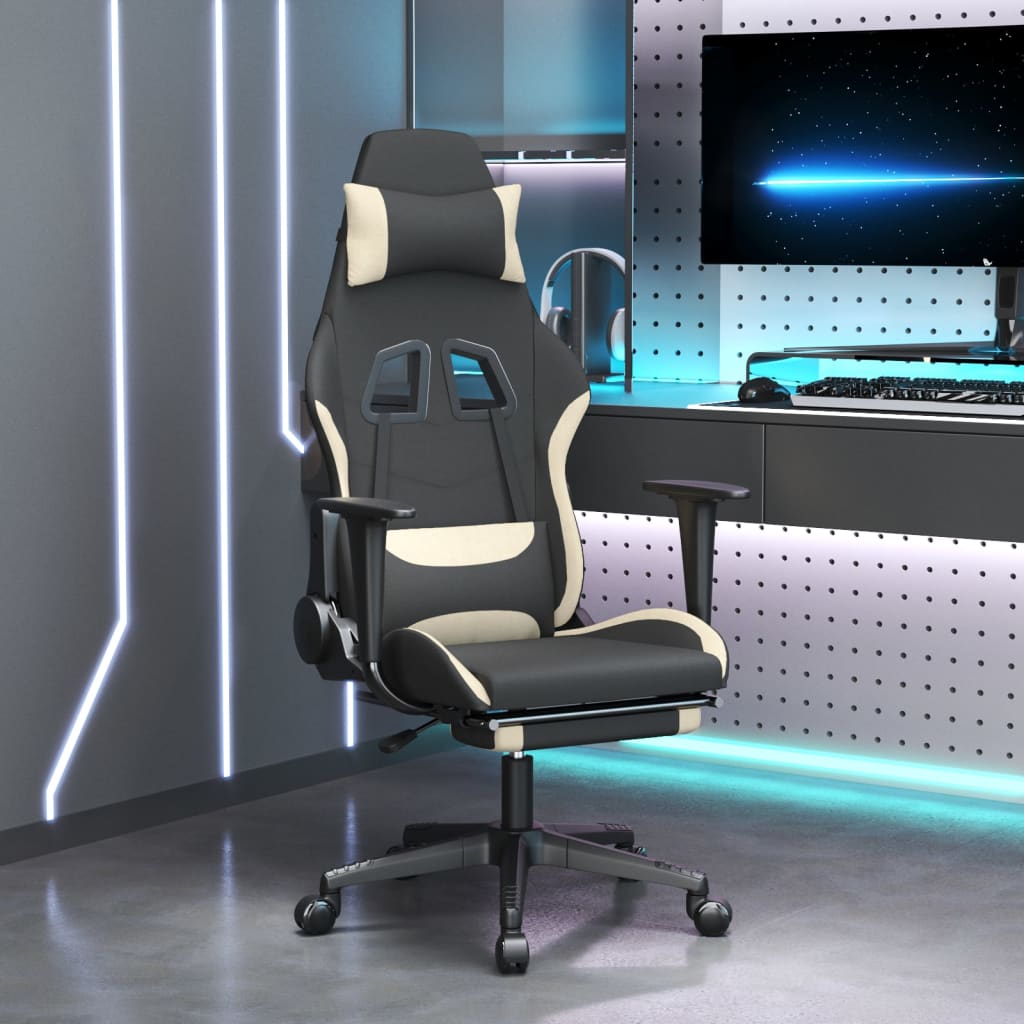 Vetonek Silla gaming de masaje con reposapiés tela negro y crema