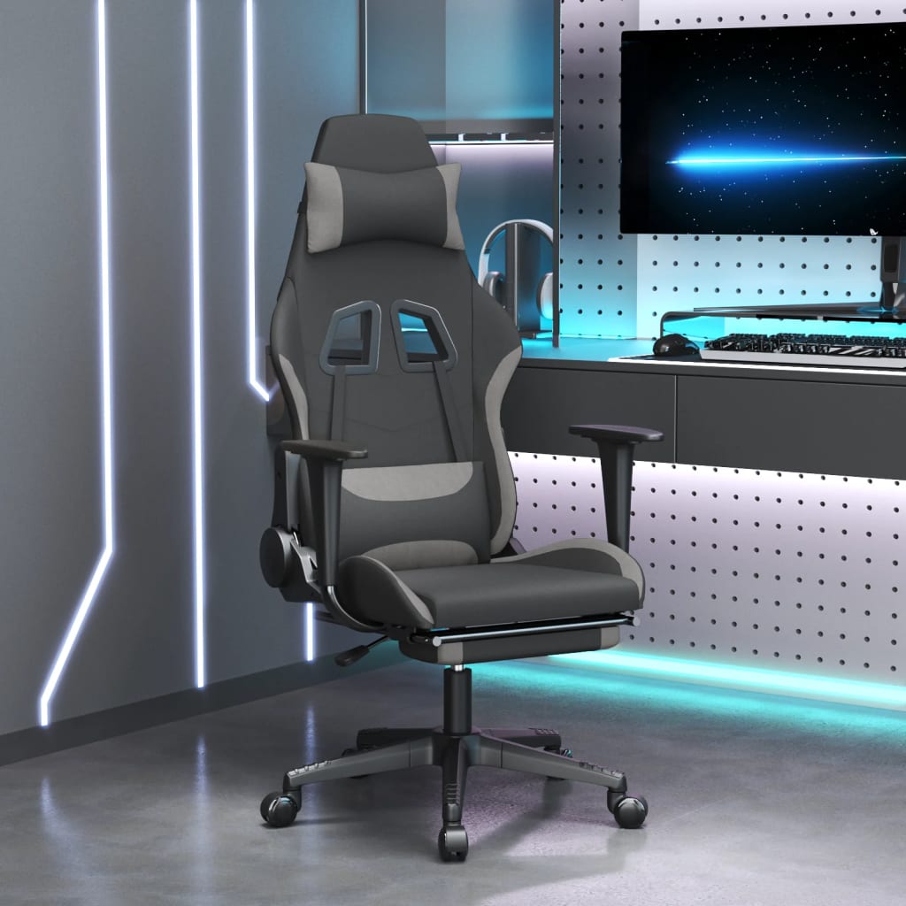 Vetonek Silla gaming de masaje con reposapiés tela negro y gris claro