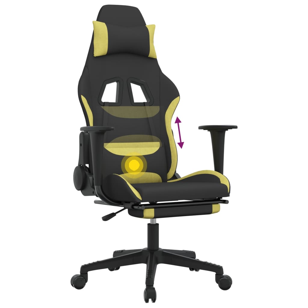 Silla gaming de masaje con reposapiés tela negro y verde claro vidaXL