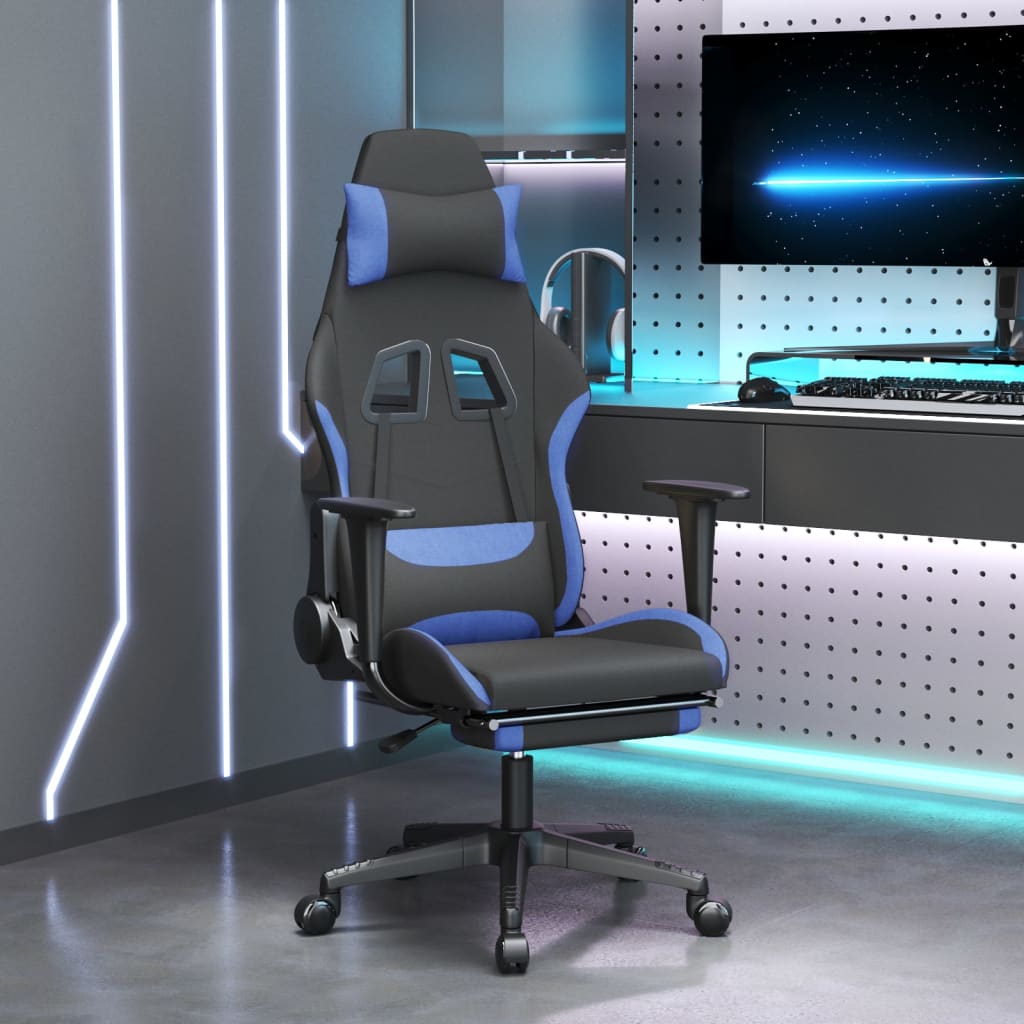 Vetonek Silla gaming de masaje con reposapiés tela negro y azul