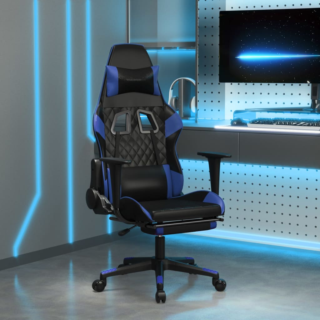 Vetonek Silla gaming de masaje y reposapiés cuero sintético negro azul