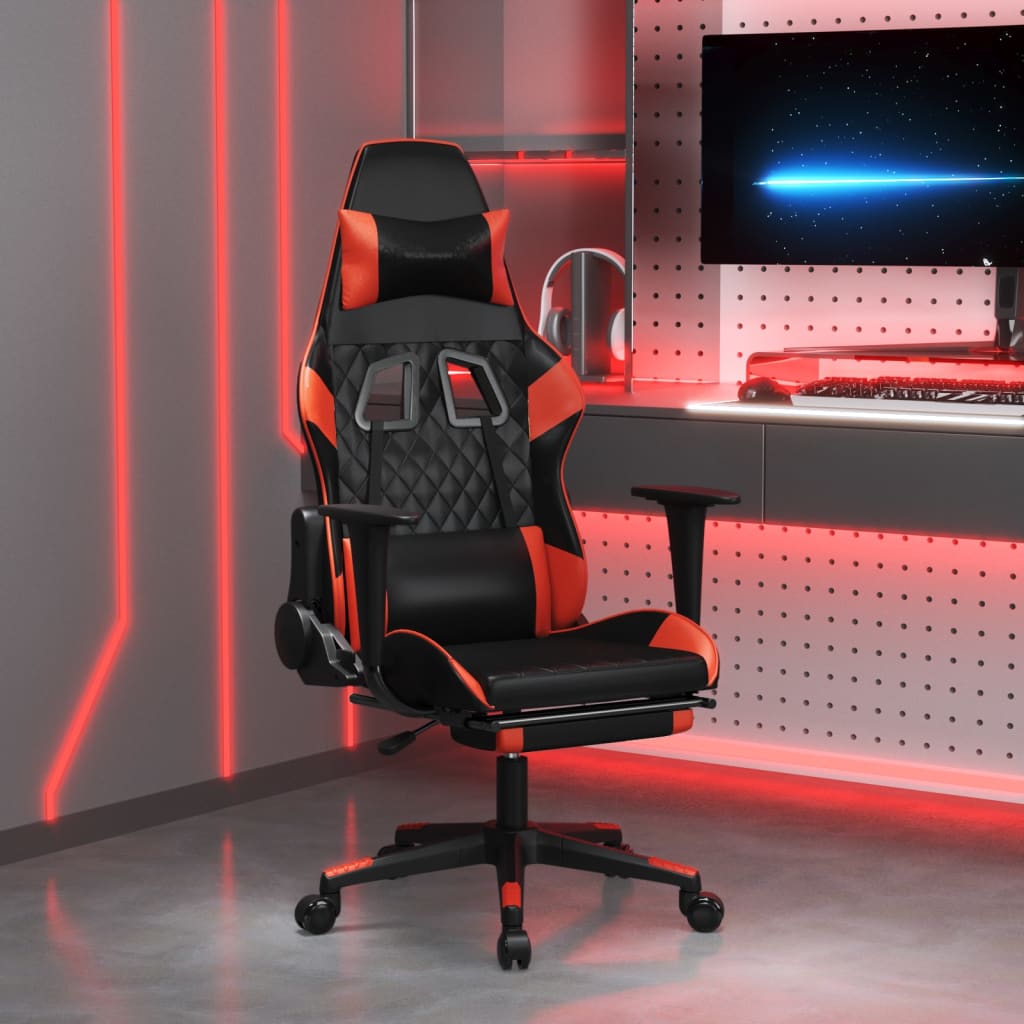 Vetonek Silla gaming de masaje y reposapiés cuero sintético negro rojo