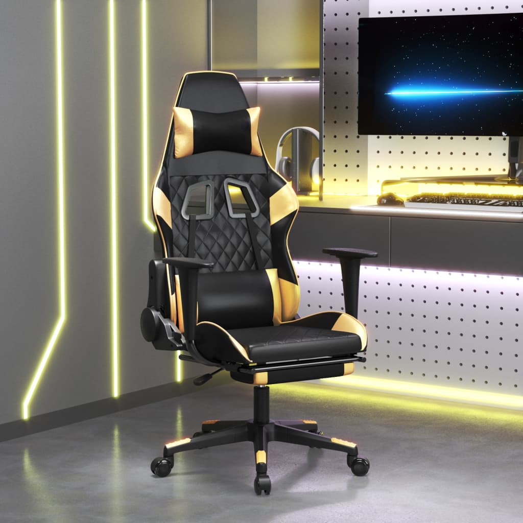 Vetonek Silla gaming masaje y reposapiés cuero sintético negro dorado