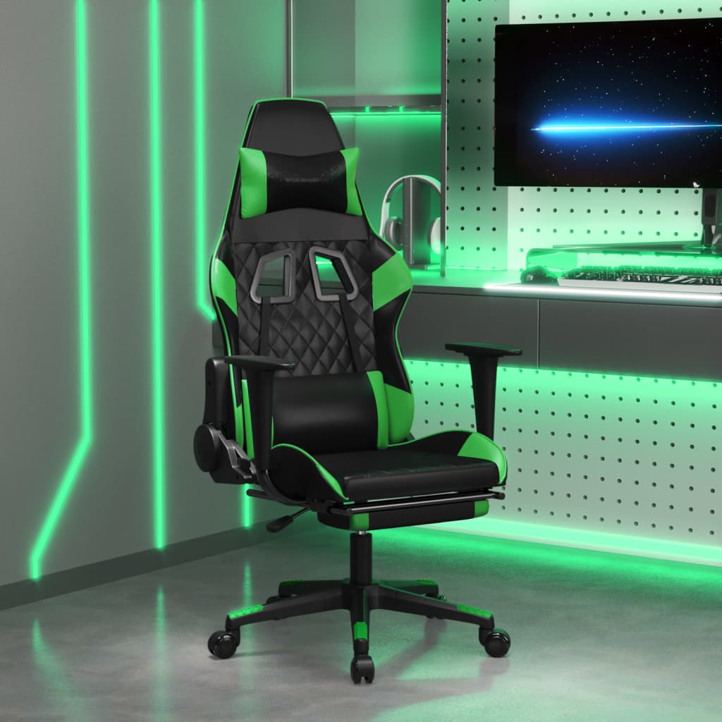 Vetonek Silla gaming de masaje y reposapiés cuero sintético negro verde