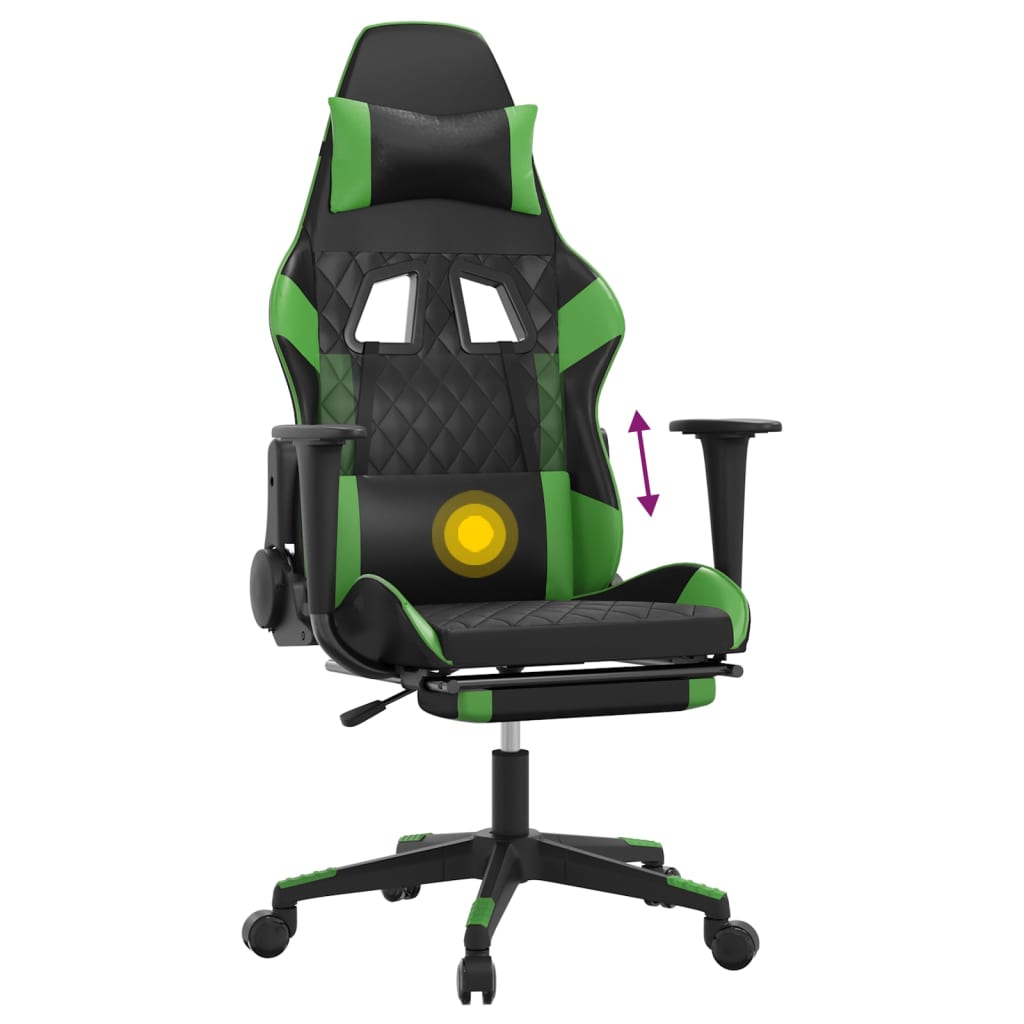 Silla gaming de masaje y reposapiés cuero sintético negro verde vidaXL