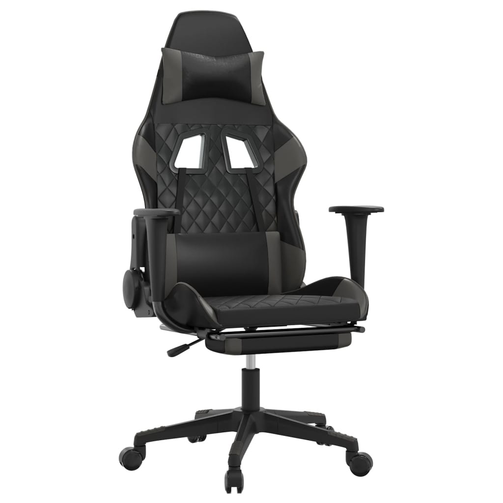 Silla gaming de masaje y reposapiés cuero sintético negro gris - Vetonek