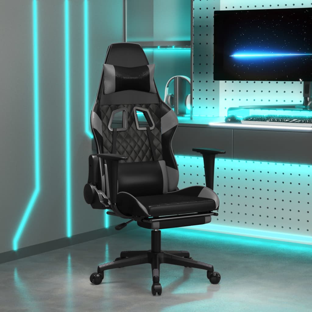 Vetonek Silla gaming de masaje y reposapiés cuero sintético negro gris