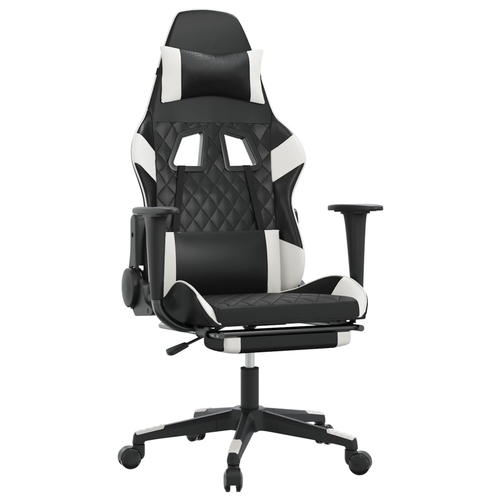 Silla gaming masaje y reposapiés cuero sintético negro blanco vidaXL