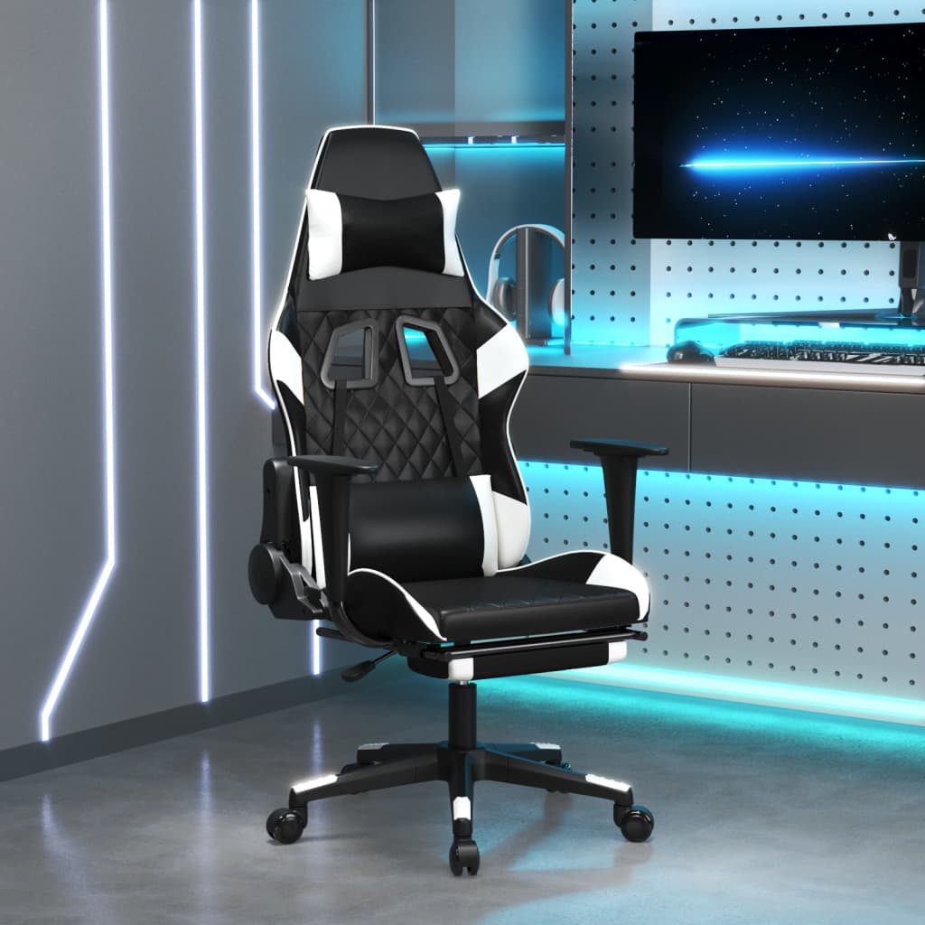 Vetonek Silla gaming masaje y reposapiés cuero sintético negro blanco