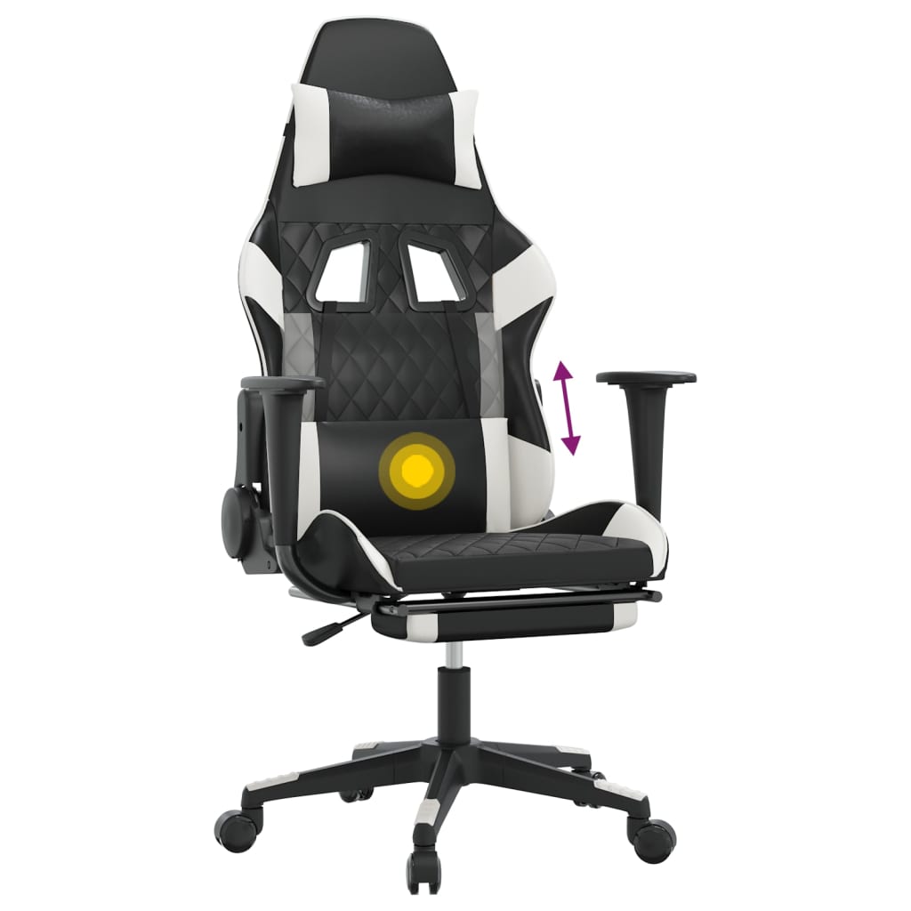 Silla gaming masaje y reposapiés cuero sintético negro blanco vidaXL