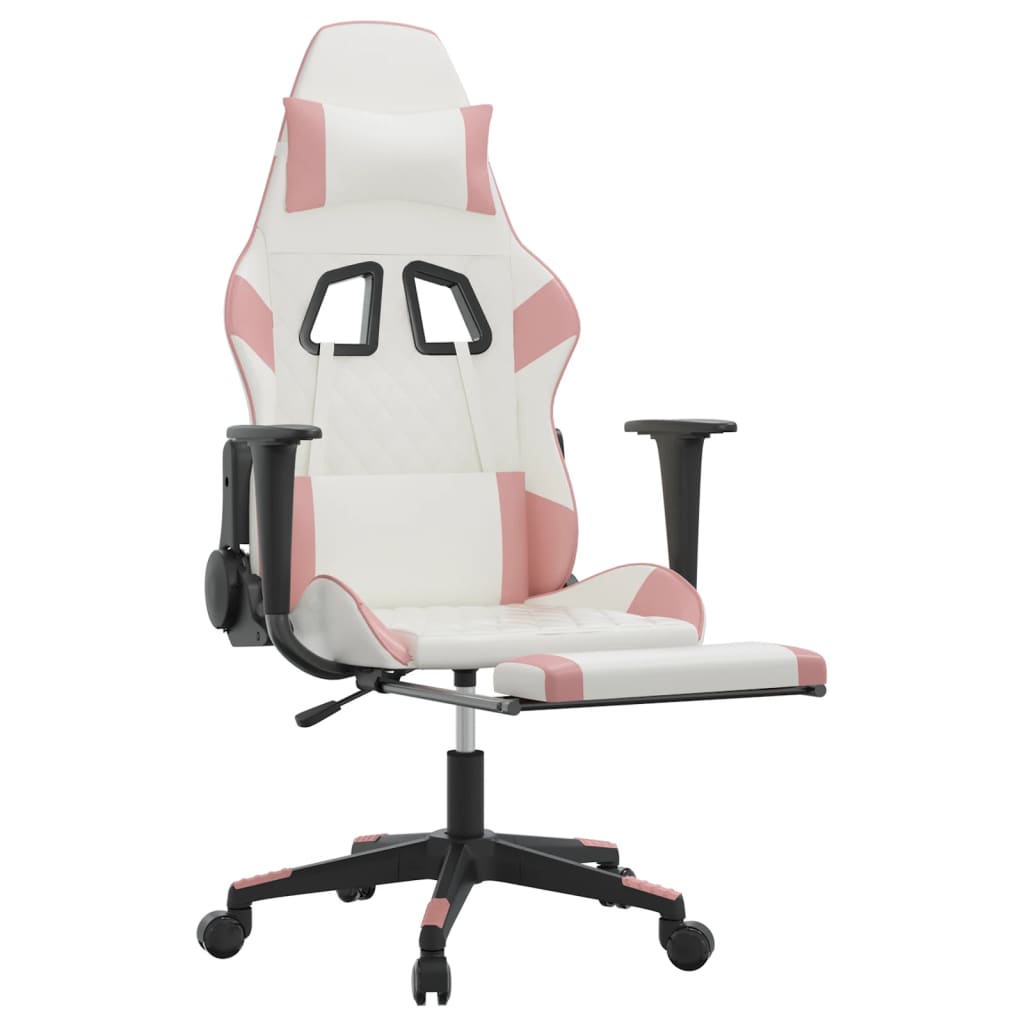 Silla gaming masaje y reposapiés cuero sintético blanco y rosa - Vetonek