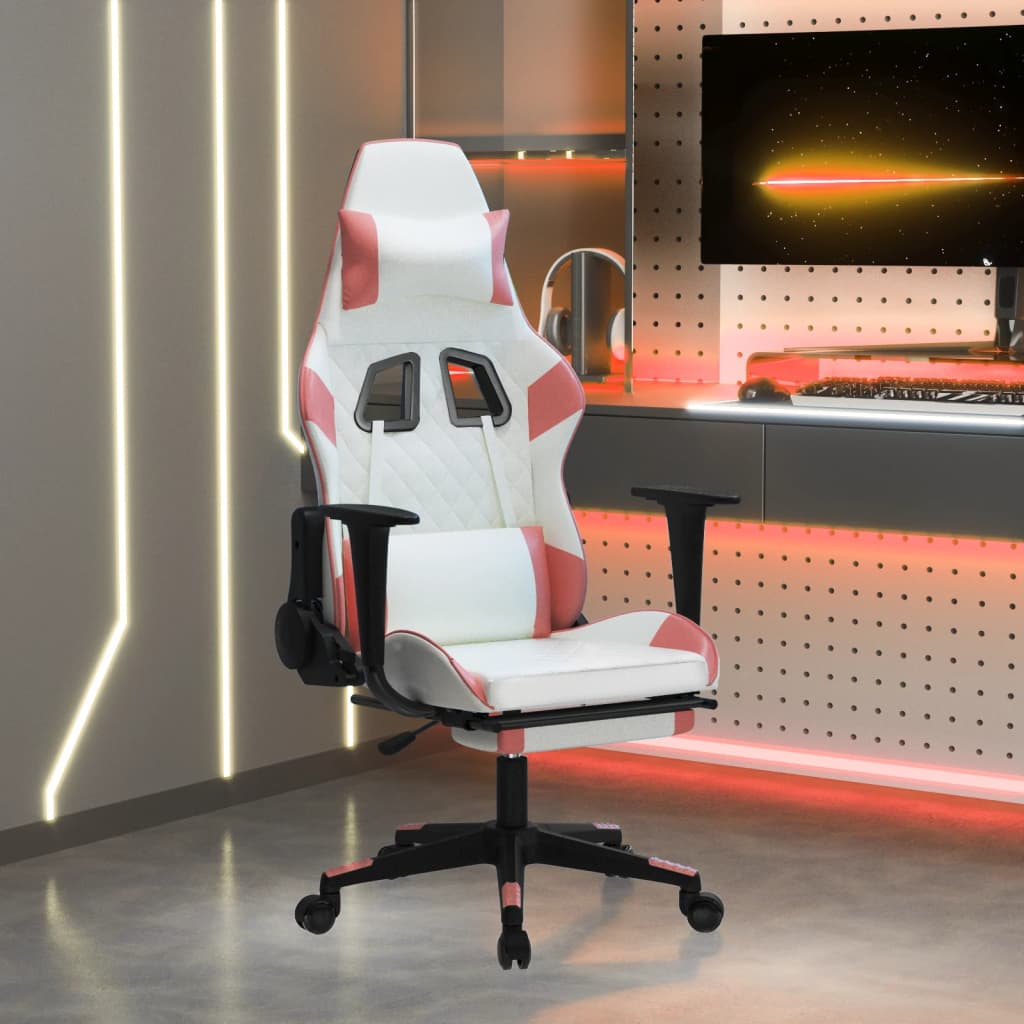 Vetonek Silla gaming masaje y reposapiés cuero sintético blanco y rosa