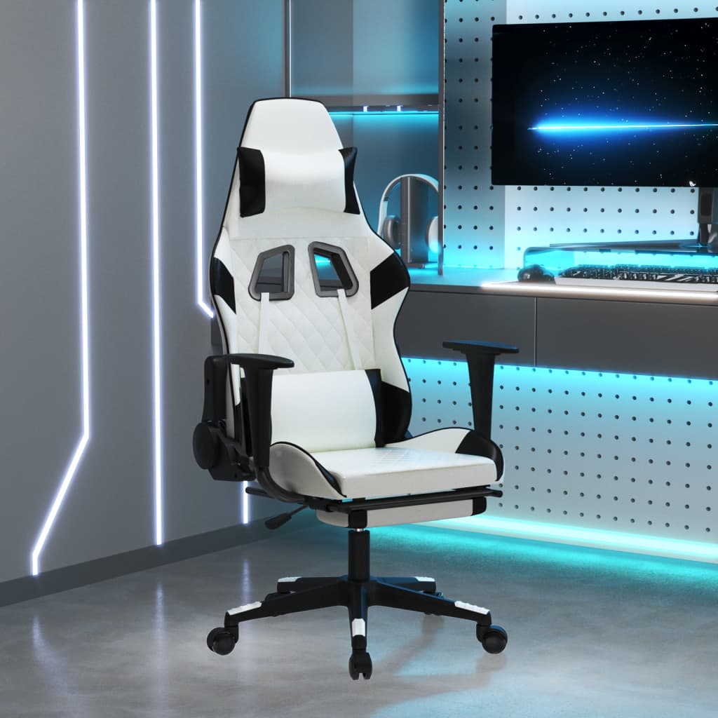 Vetonek Silla gaming masaje y reposapiés cuero sintético negro blanco