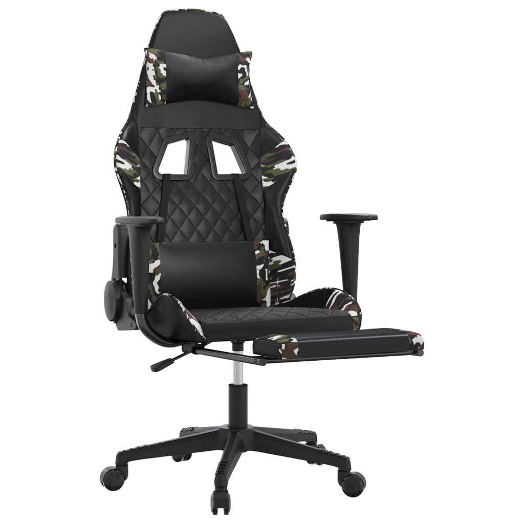 Silla gaming masaje reposapiés cuero sintético negro camuflaje - Vetonek