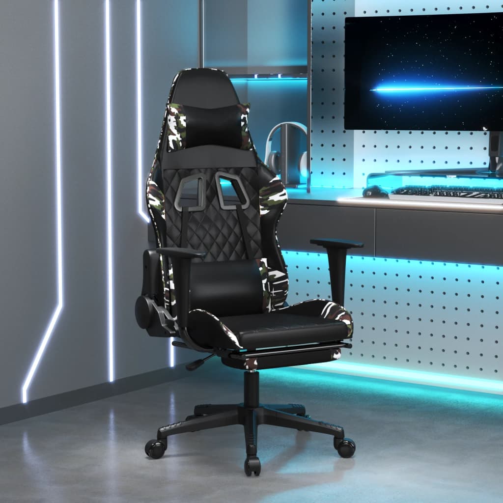 Vetonek Silla gaming masaje reposapiés cuero sintético negro camuflaje