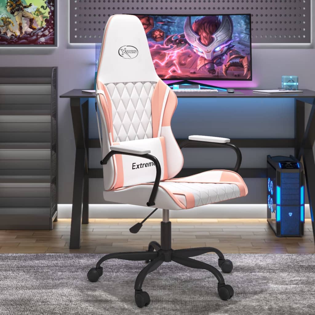 Vetonek Silla gaming de masaje cuero sintético blanco y rosa