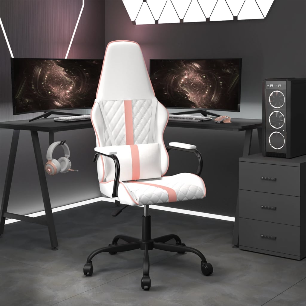 Vetonek Silla gaming con masaje cuero sintético rosa y blanco