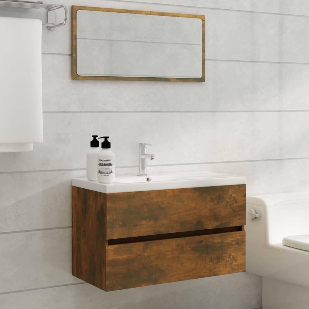 Vetonek Mueble de baño con lavabo madera contrachapada roble ahumado