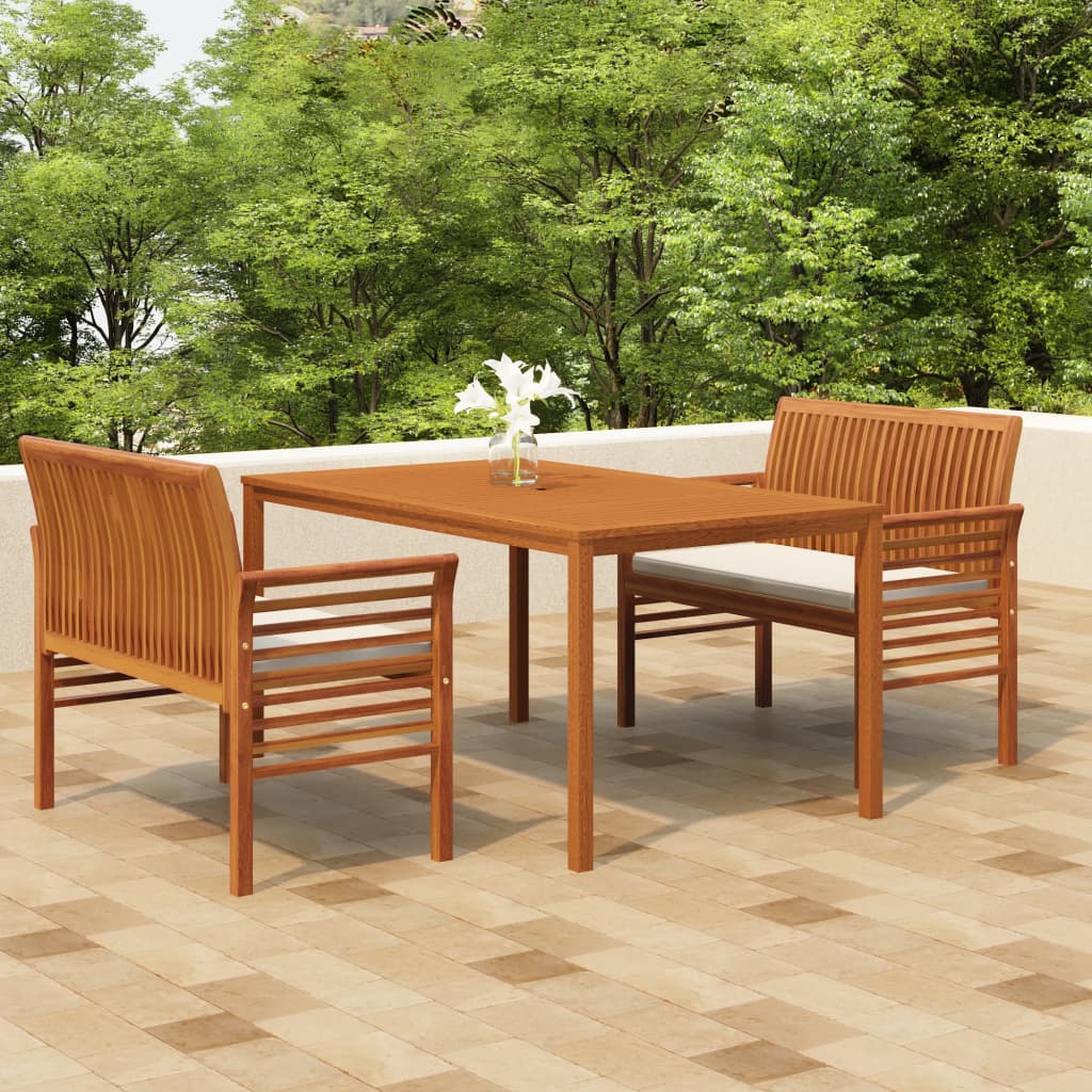 Vetonek Set comedor de jardín 3 pzas y cojines madera maciza de acacia