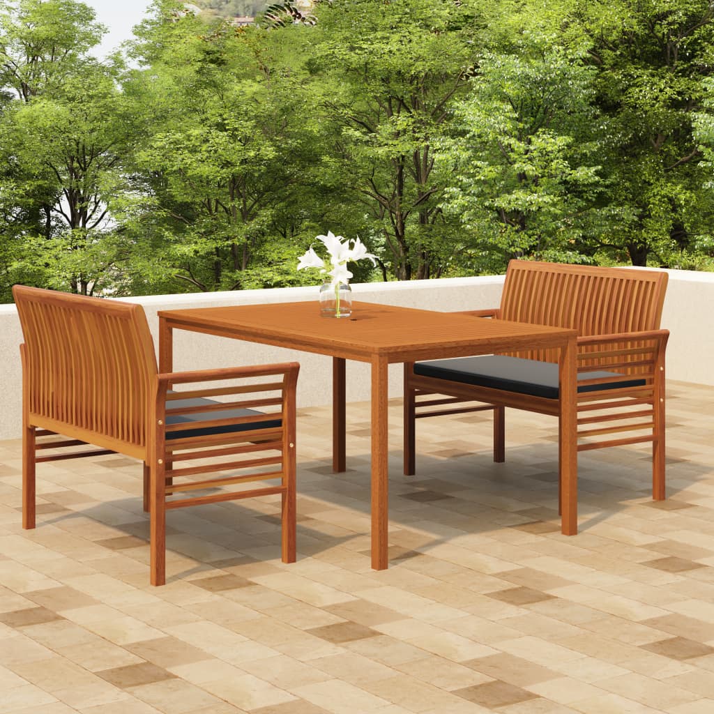 Vetonek Set comedor de jardín 3 pzas y cojines madera maciza de acacia