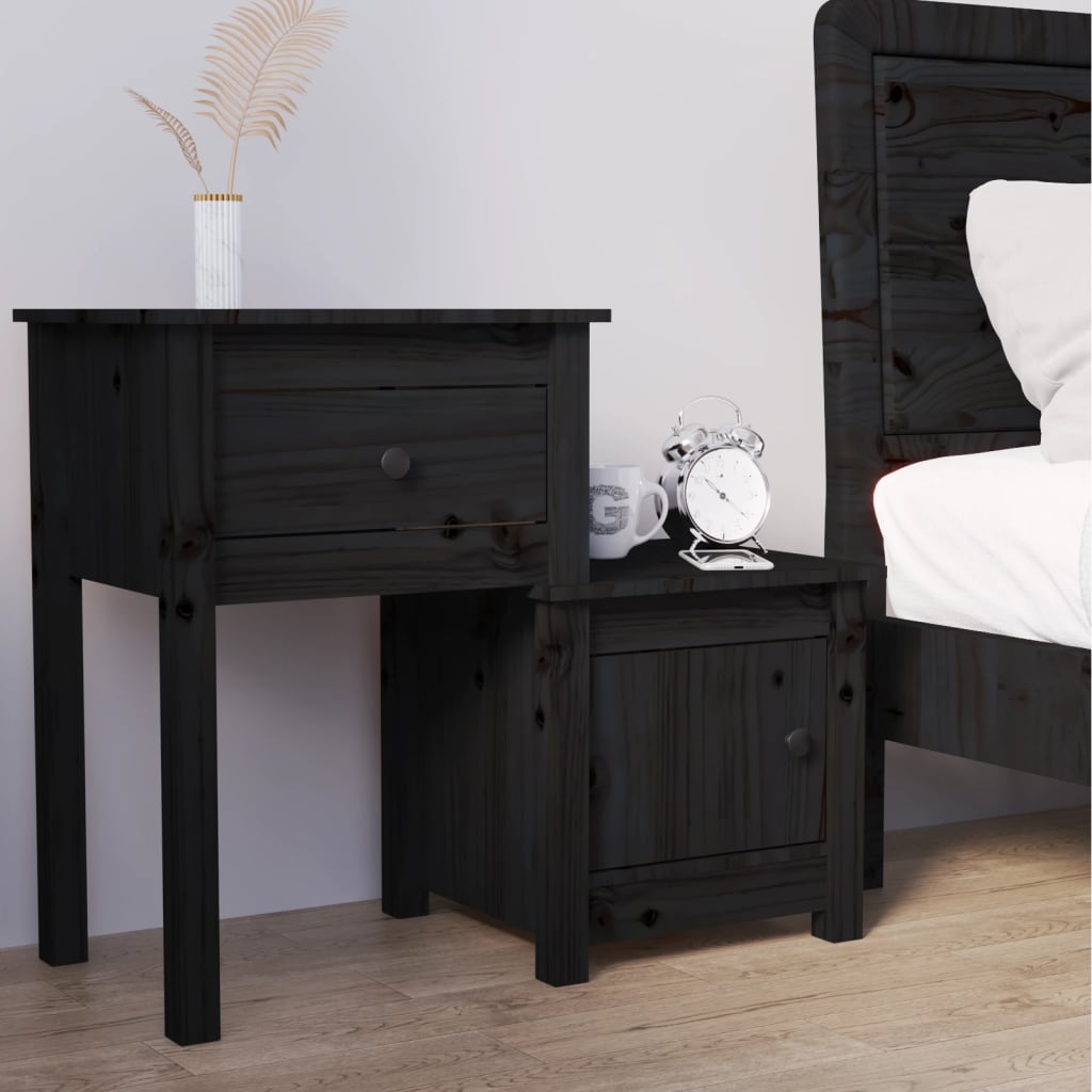 Vetonek Mesita de noche madera maciza de pino negro 79,5x38x65,5 cm