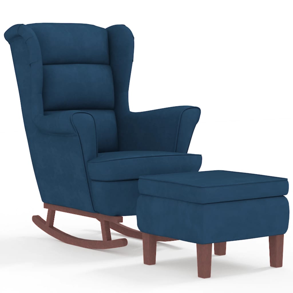 Vetonek Rocking chair with wooden legs and blue velvet stool