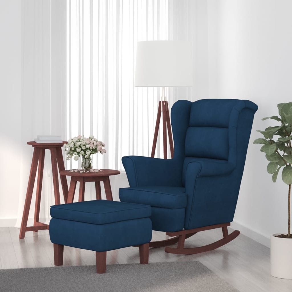 Rocking chair with wooden legs and blue velvet stool v1254 Vetonek