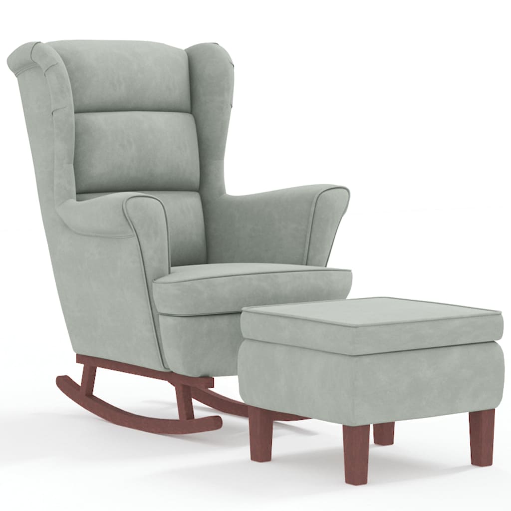 Sillón mecedora patas madera y taburete terciopelo gris claro - Vetonek