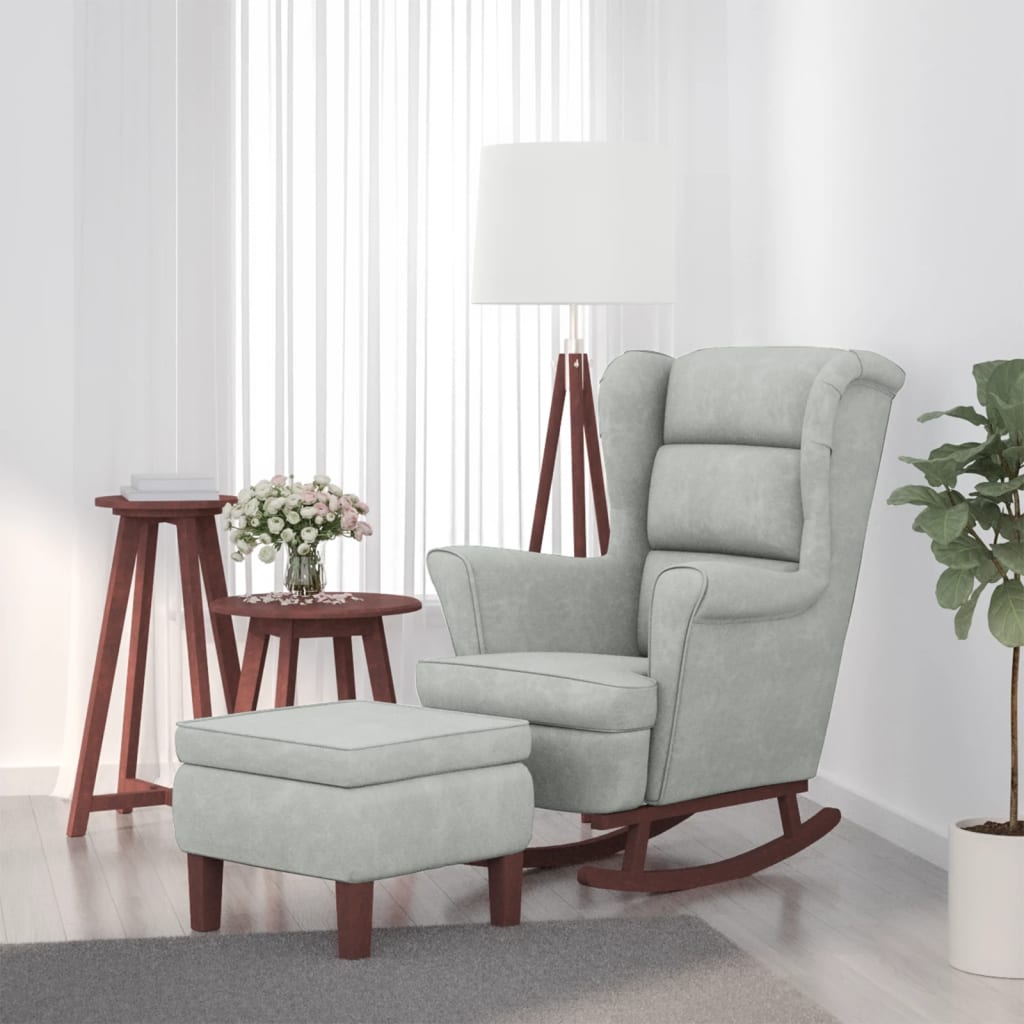 Vetonek Sillón mecedora patas madera y taburete terciopelo gris claro