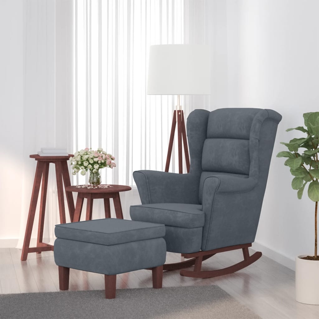 Vetonek Sillón mecedora patas madera y taburete terciopelo gris oscuro