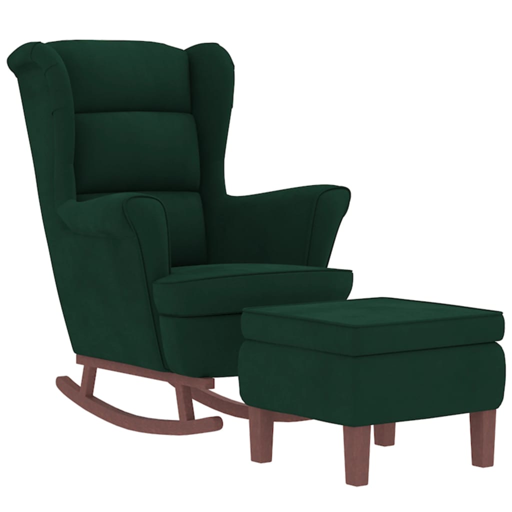 Sillón mecedora patas madera y taburete terciopelo verde oscuro - Vetonek