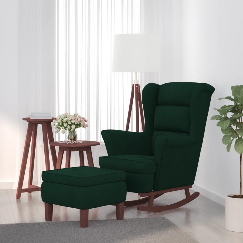 Vetonek Sillón mecedora patas madera y taburete terciopelo verde oscuro