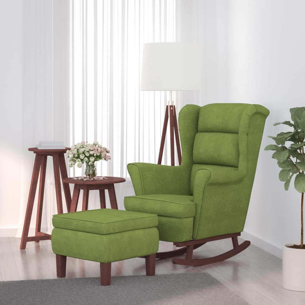 Sillón mecedora patas madera y taburete terciopelo verde claro