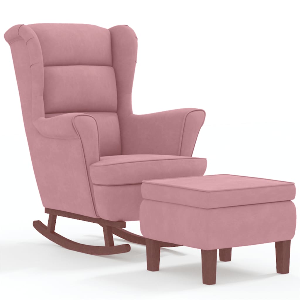 Vetonek Rocking chair with wooden legs and pink velvet stool