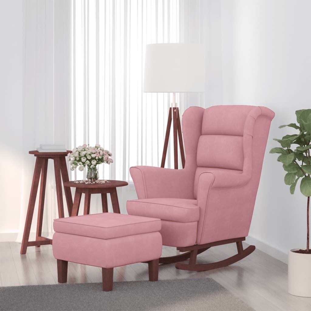 Rocking chair with wooden legs and pink velvet stool v1308 Vetonek