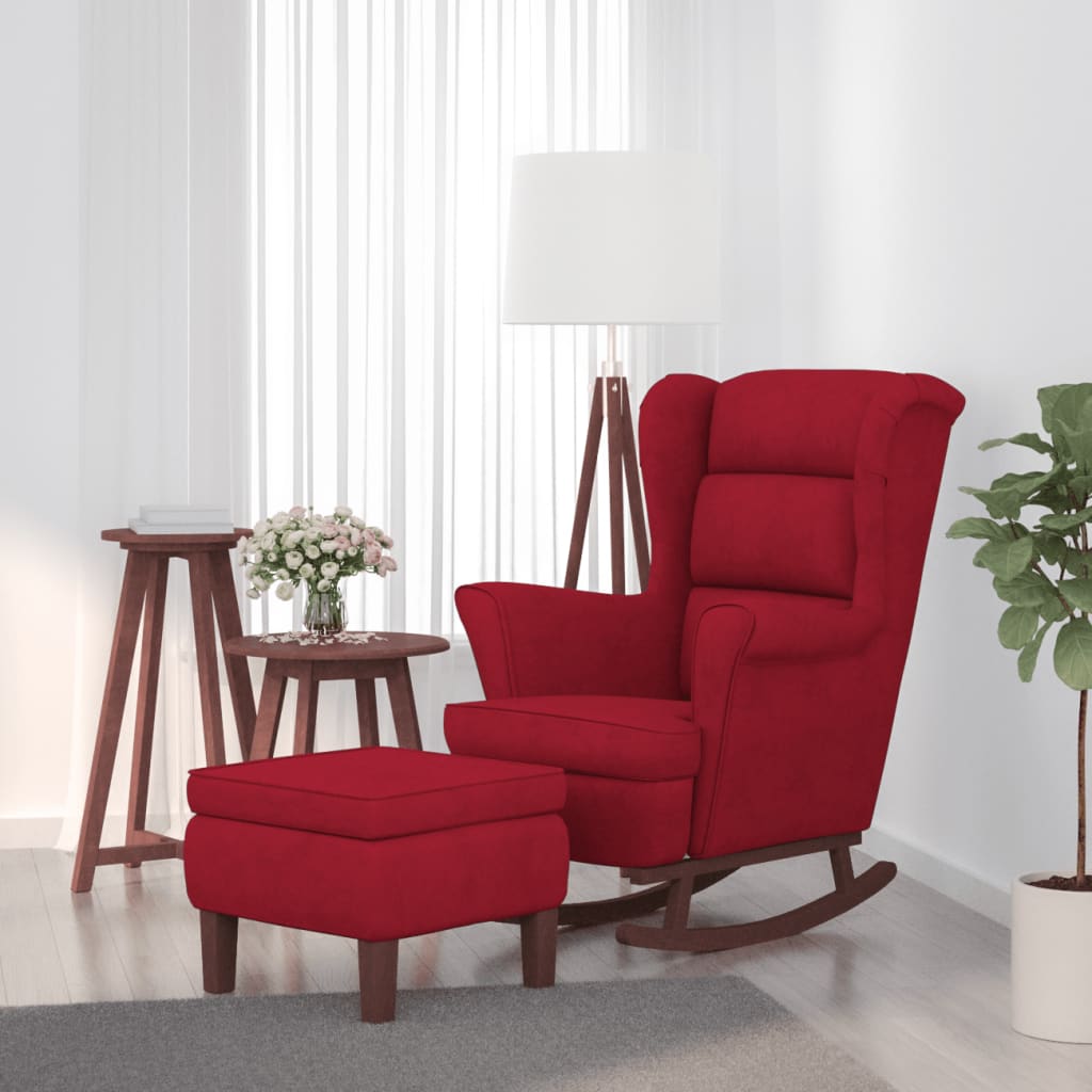 Vetonek Sillón mecedora patas madera y taburete terciopelo rojo vino