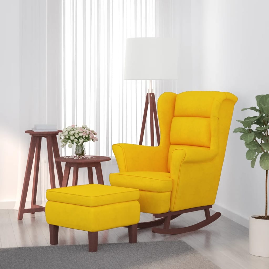 Vetonek Sillón mecedora patas madera y taburete terciopelo amarillo