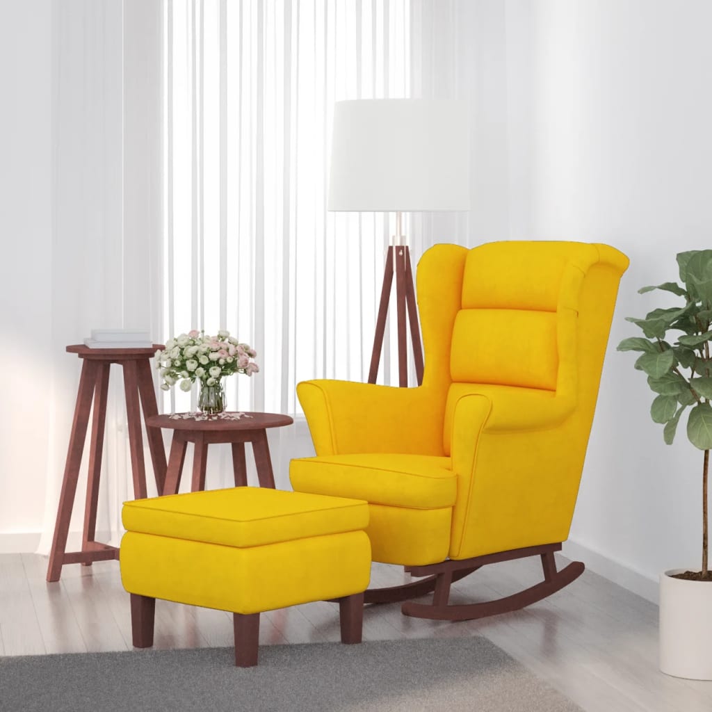 Rocking chair with wooden legs and yellow velvet stool v1339 Vetonek
