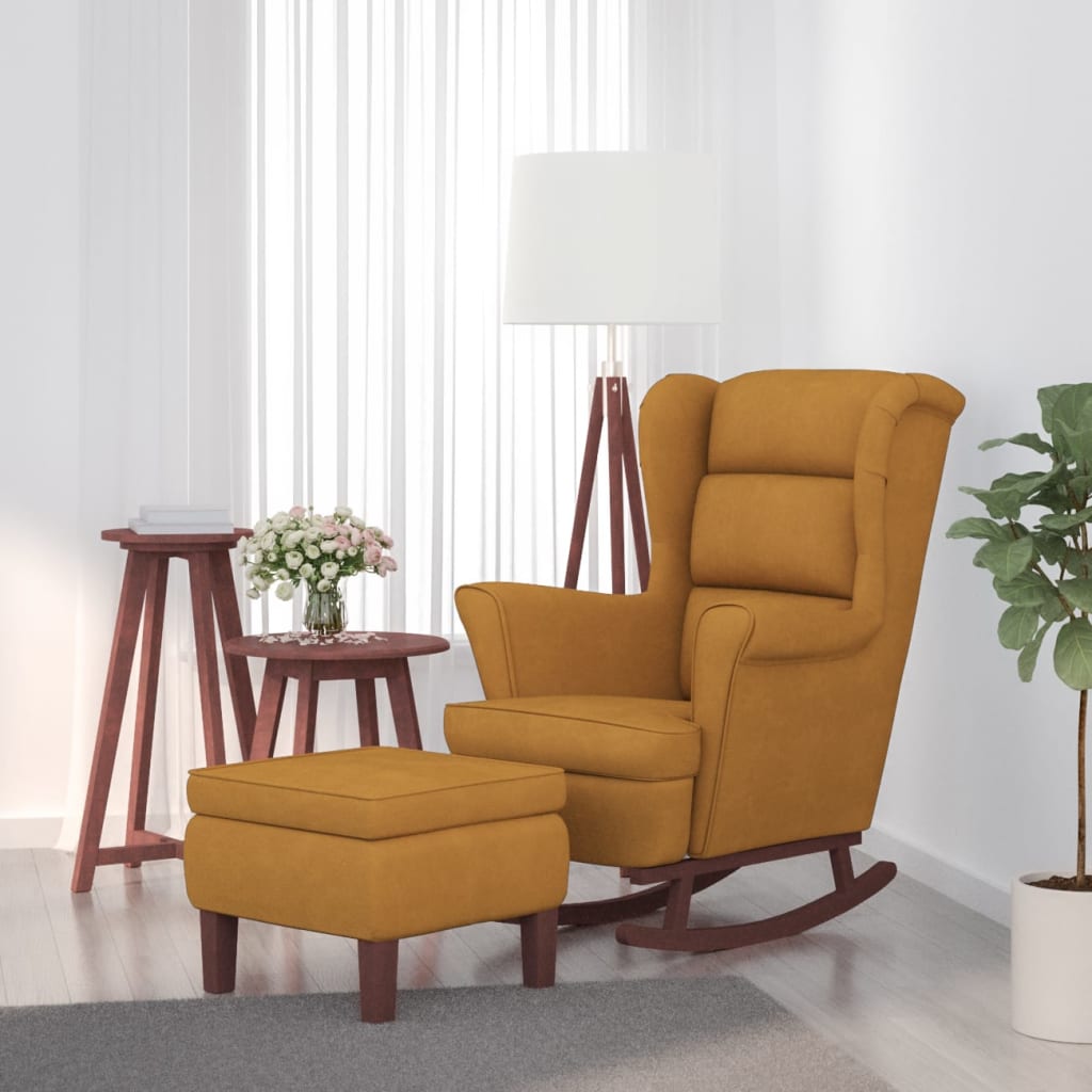 Vetonek Sillón mecedora patas madera y taburete terciopelo marrón