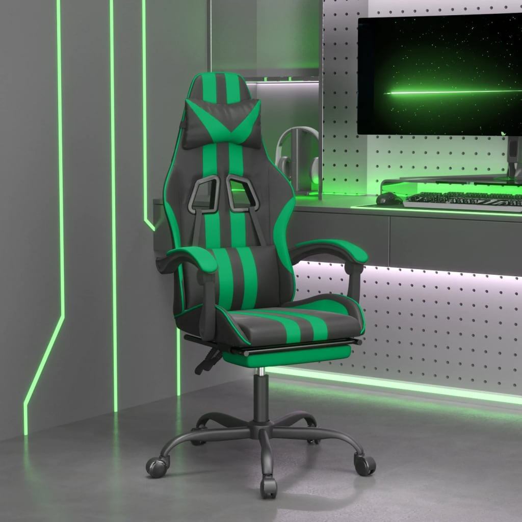 Vetonek Silla gaming giratoria y reposapiés cuero sintético negro verde