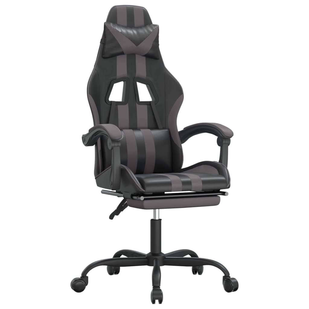 Silla gaming giratoria y reposapiés cuero sintético negro gris - Vetonek